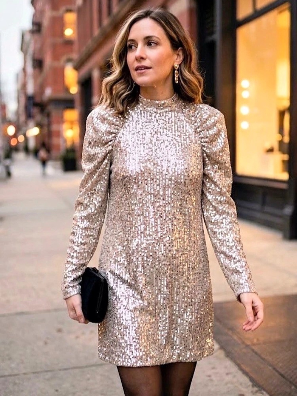 H&M Champagne Gold / Silver Sequin Puff Sleeve Mini Dress - Size M